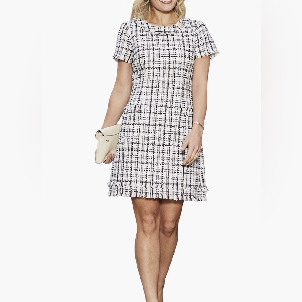 HARPER ROSE Cap Sleeve Black & White Tweed Shift Dress